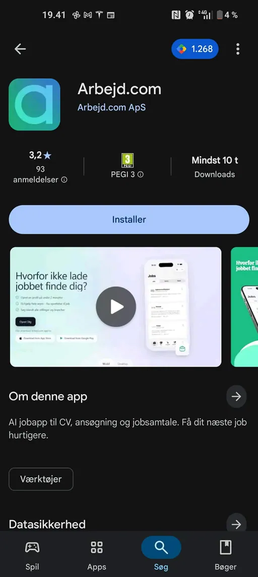 Arbejd.com Google Play visning